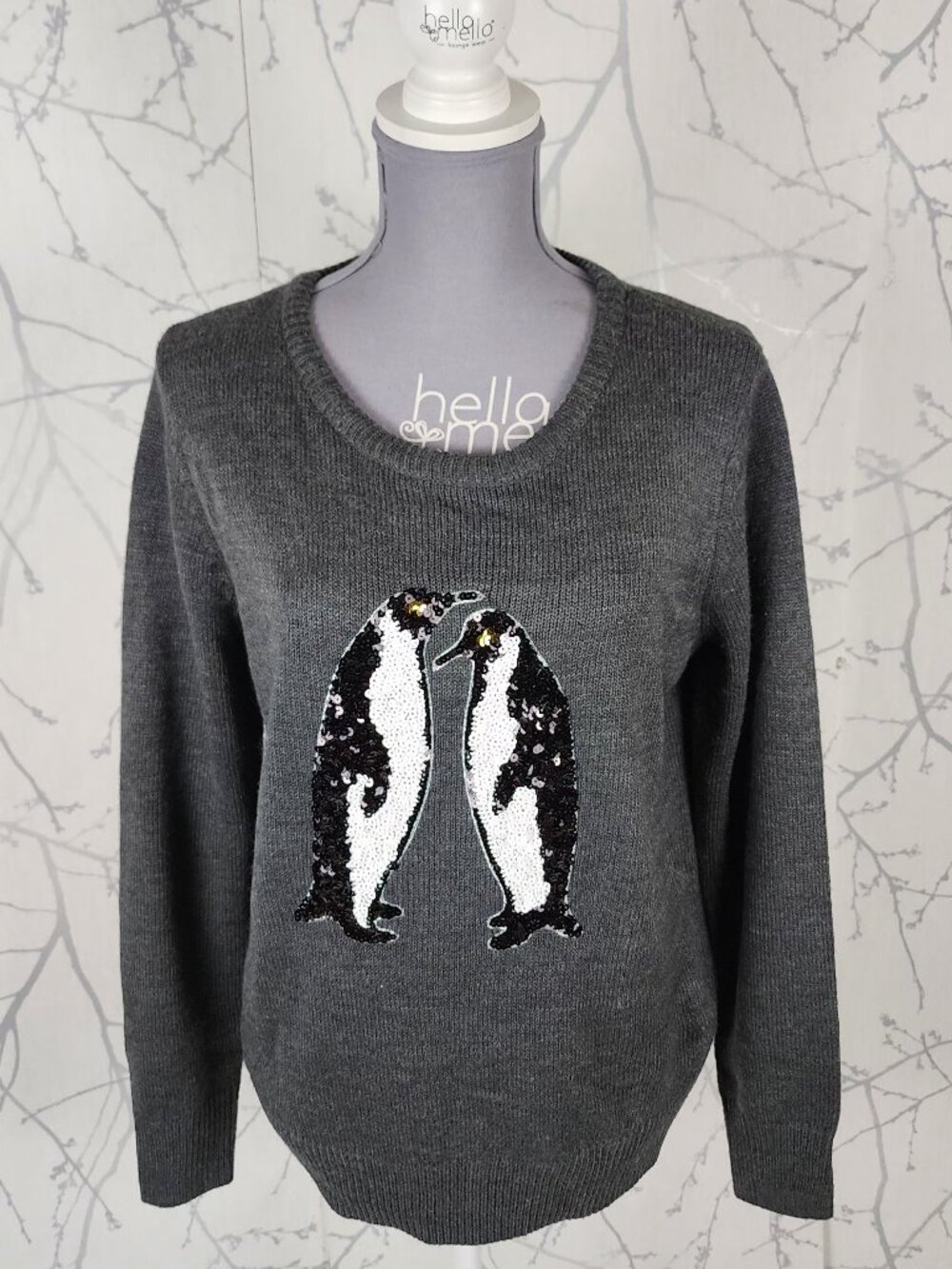 Jessica Gray Knit Penguins Sequin Crewneck Sweater